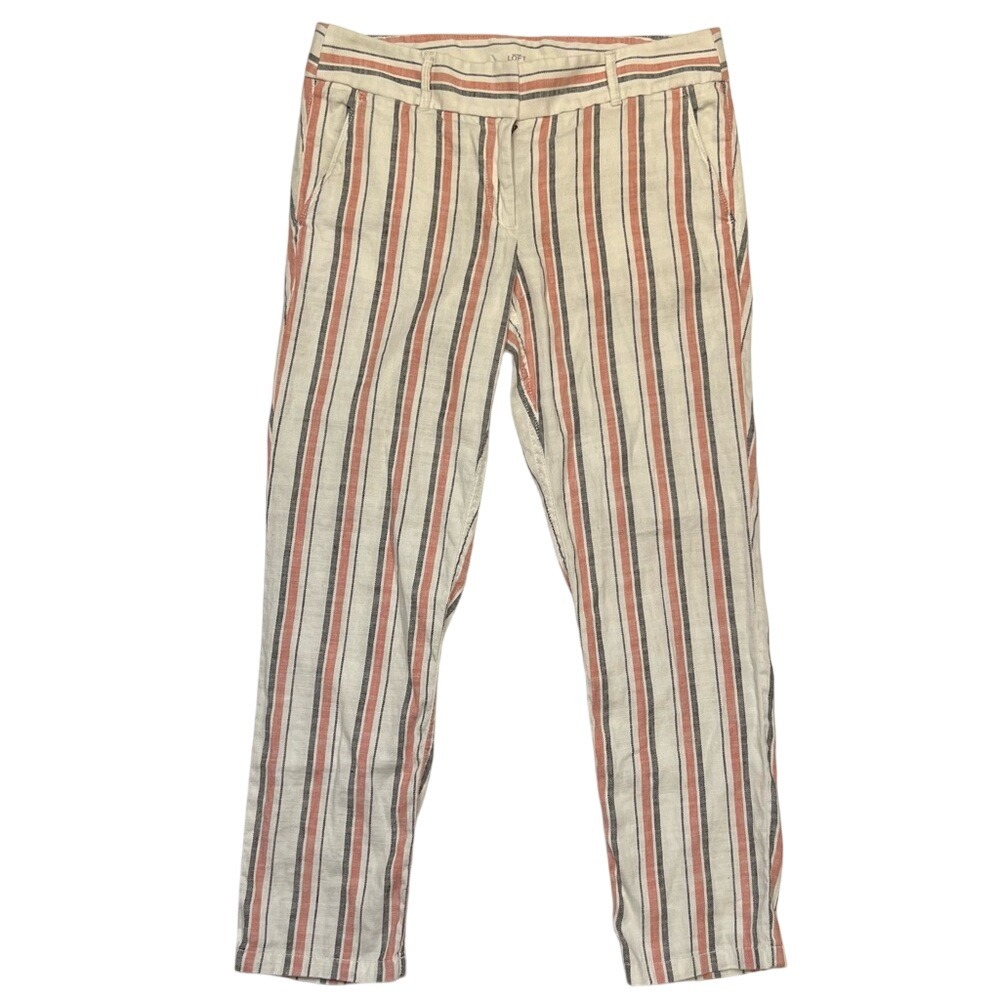 LOFT Red, Navy Blue, & White Striped Linen Blend Chinos‎ Ankle Length Size 6